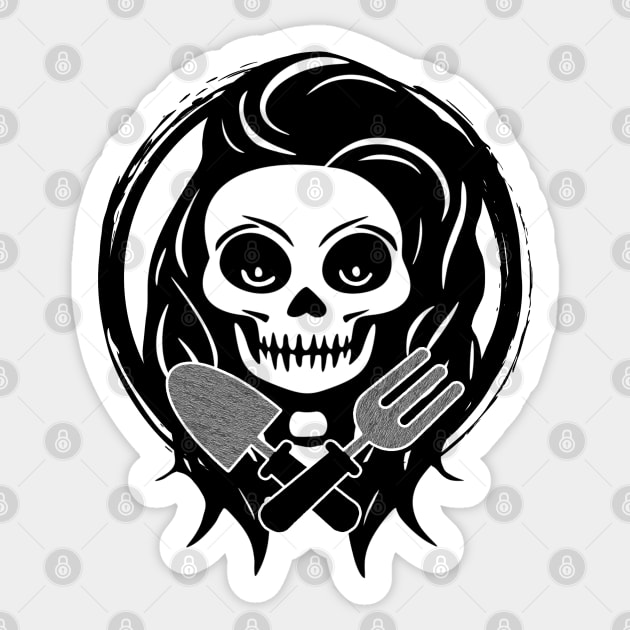 Female Gardener Skull and Garden Tools Black Logo Sticker by Nuletto